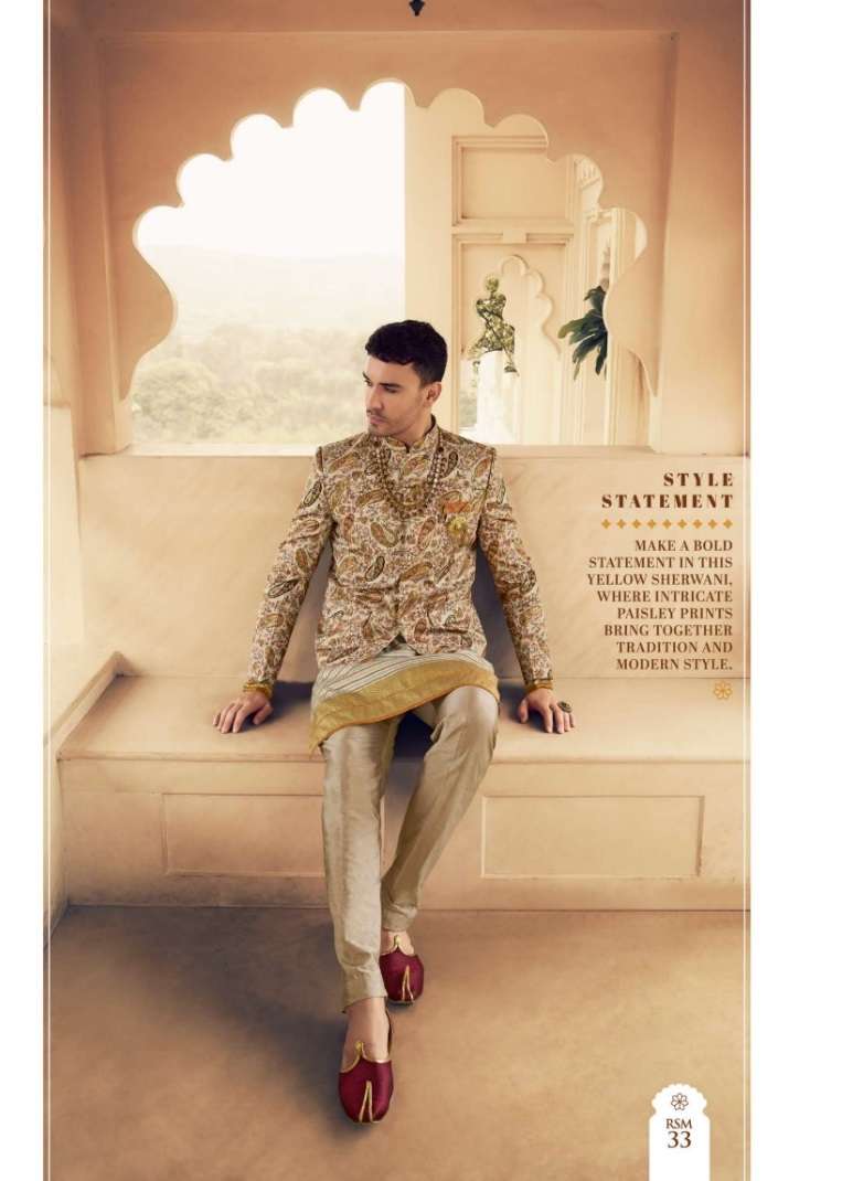 DESIGNER FANCY WEDDING PARTY WEAR GROOMS SILK CHIKU SHERWANI MENS COLLECTION SM KLMK 33