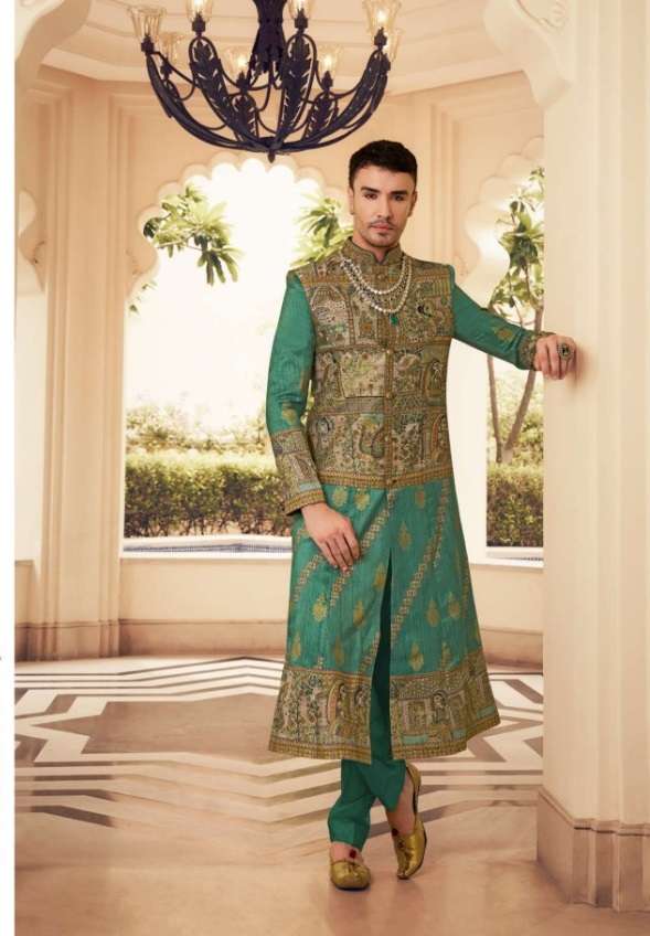 DESIGNER FANCY WEDDING PARTY WEAR GROOMS SILK GREEN SHERWANI MENS COLLECTION SM KLMK 29