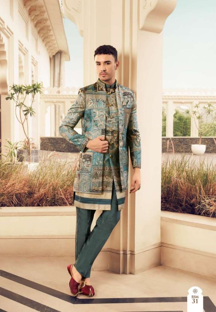 DESIGNER FANCY WEDDING PARTY WEAR GROOMS SILK GREEN SHERWANI MENS COLLECTION SM KLMK 31