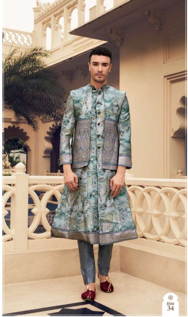 DESIGNER FANCY WEDDING PARTY WEAR GROOMS SILK GREEN SHERWANI MENS COLLECTION SM KLMK 34