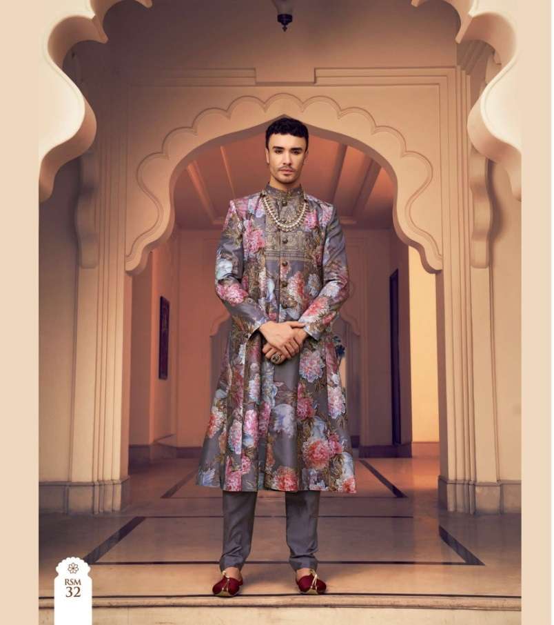 DESIGNER FANCY WEDDING PARTY WEAR GROOMS SILK LAVENDER SHERWANI MENS COLLECTION SM KLMK 32