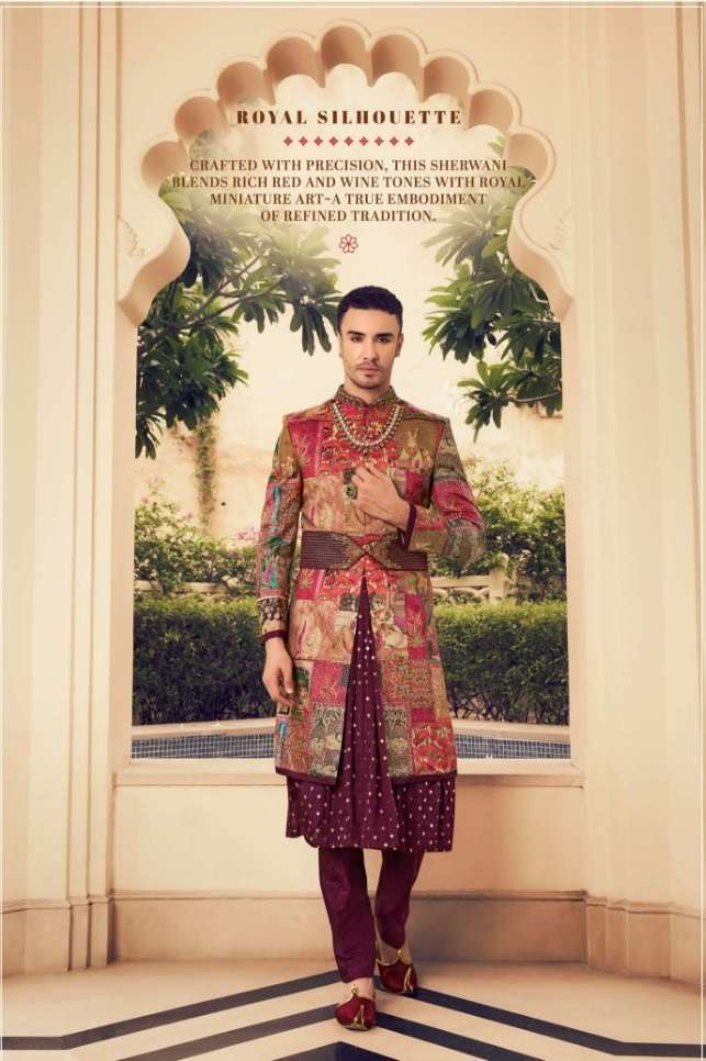 DESIGNER FANCY WEDDING PARTY WEAR GROOMS SILK MAROON SHERWANI MENS COLLECTION SM KLMK 30