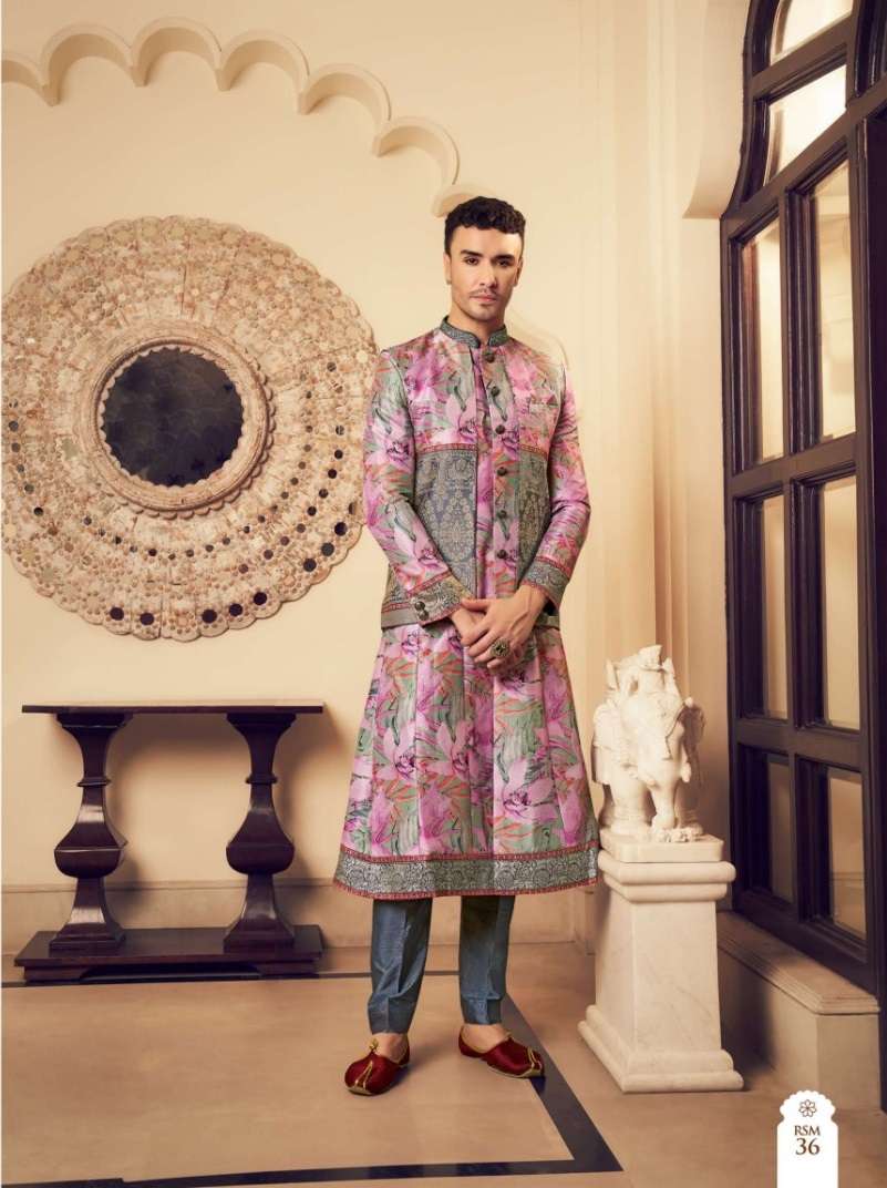 DESIGNER FANCY WEDDING PARTY WEAR GROOMS SILK PINK SHERWANI MENS COLLECTION SM KLMK 36
