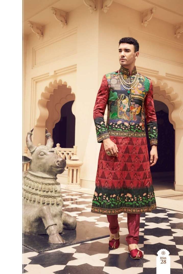 DESIGNER FANCY WEDDING PARTY WEAR GROOMS SILK RED SHERWANI MENS COLLECTION SM KLMK 28