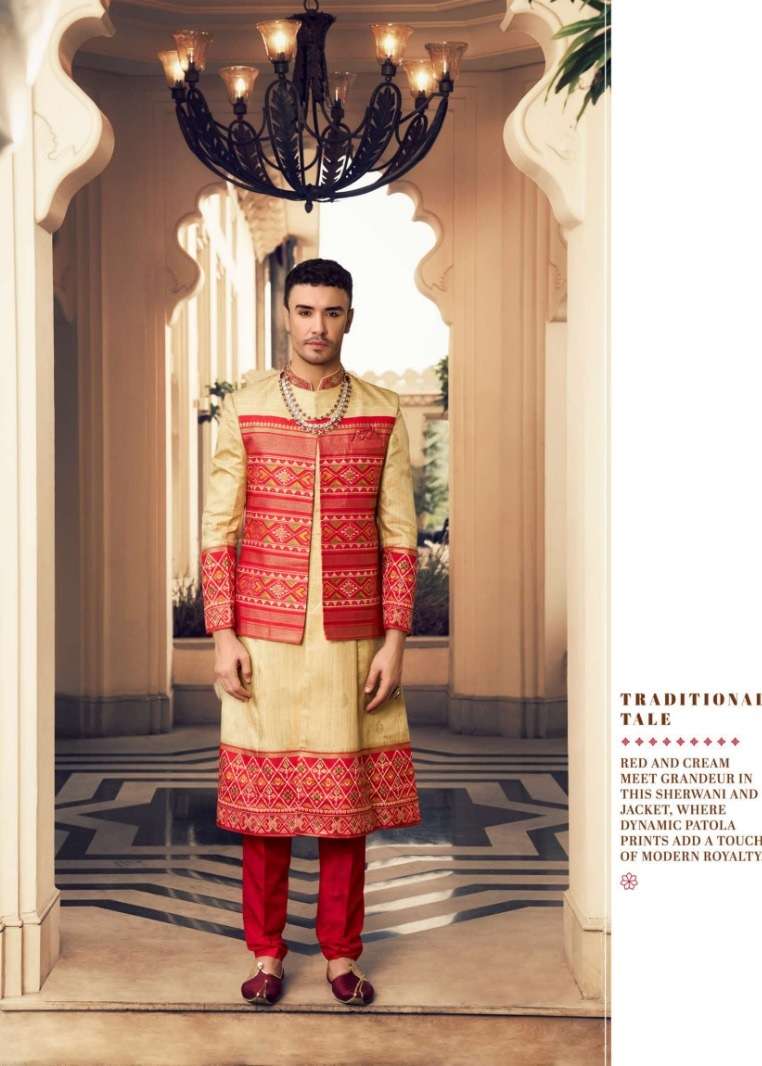 DESIGNER FANCY WEDDING PARTY WEAR GROOMS SILK RED WHITE SHERWANI MENS COLLECTION SM KLMK 37
