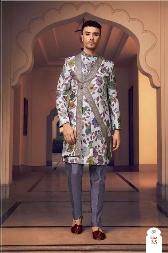 DESIGNER FANCY WEDDING PARTY WEAR GROOMS SILK WHITE BLUE SHERWANI MENS COLLECTION SM KLMK 35