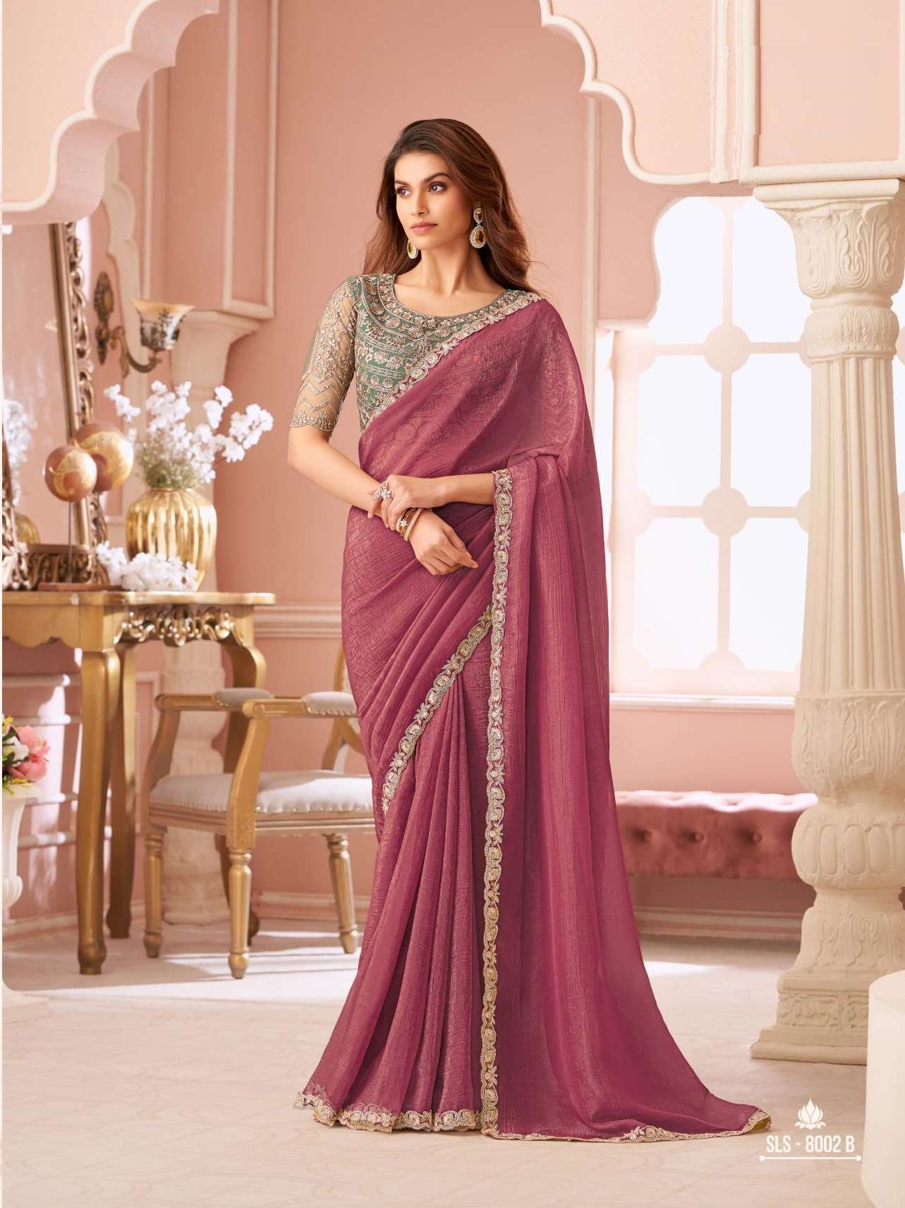 DESIGNER FANCY WEDDING PARTY WEAR INDIAN DEEP PINK GEORGETTE SAREE COLLECTION SM TFH 8002 B