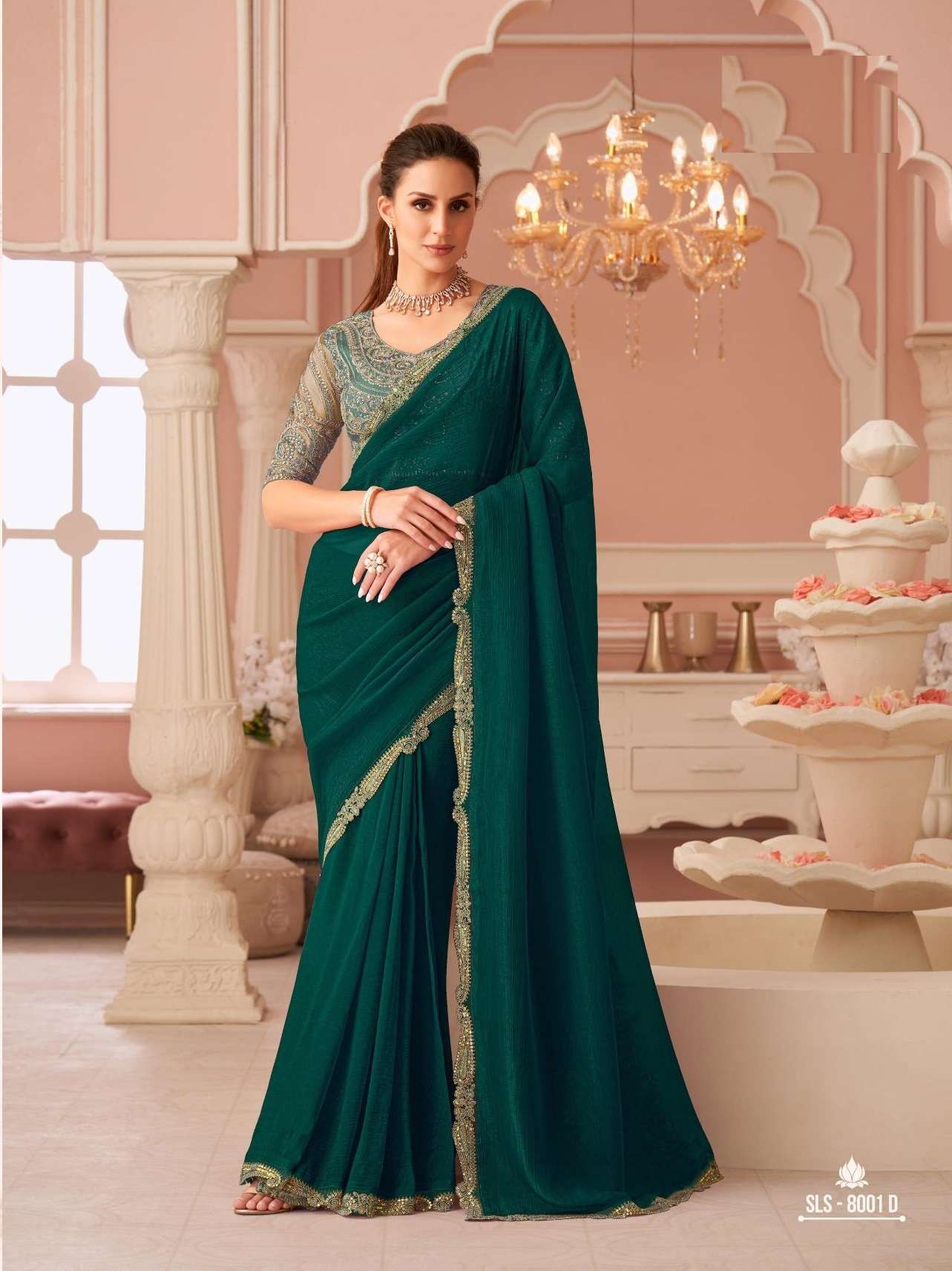 DESIGNER FANCY WEDDING PARTY WEAR INDIAN GREEN GEORGETTE SAREE COLLECTION SM TFH 8001 D