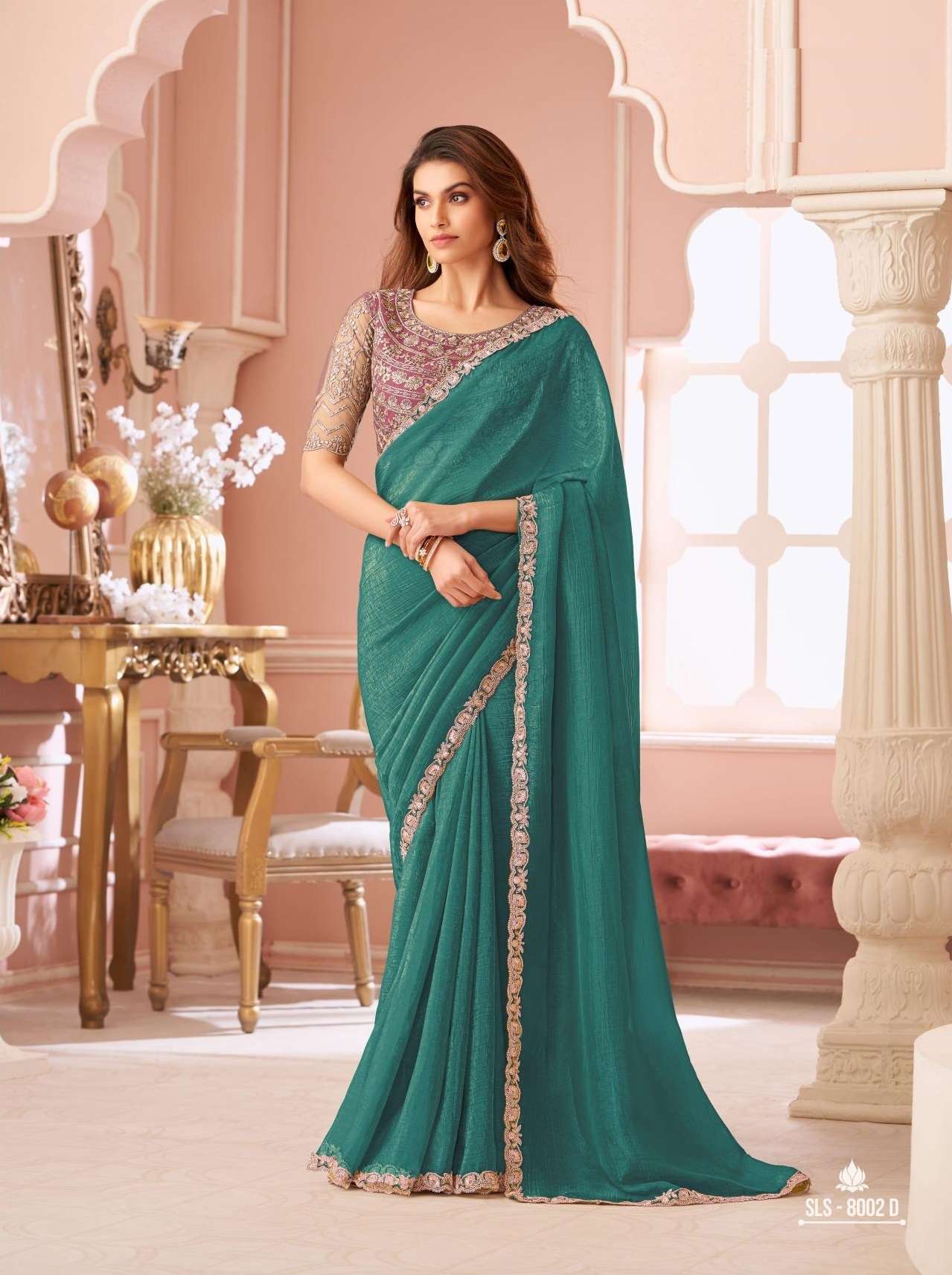 DESIGNER FANCY WEDDING PARTY WEAR INDIAN GREEN GEORGETTE SAREE COLLECTION SM TFH 8002 D