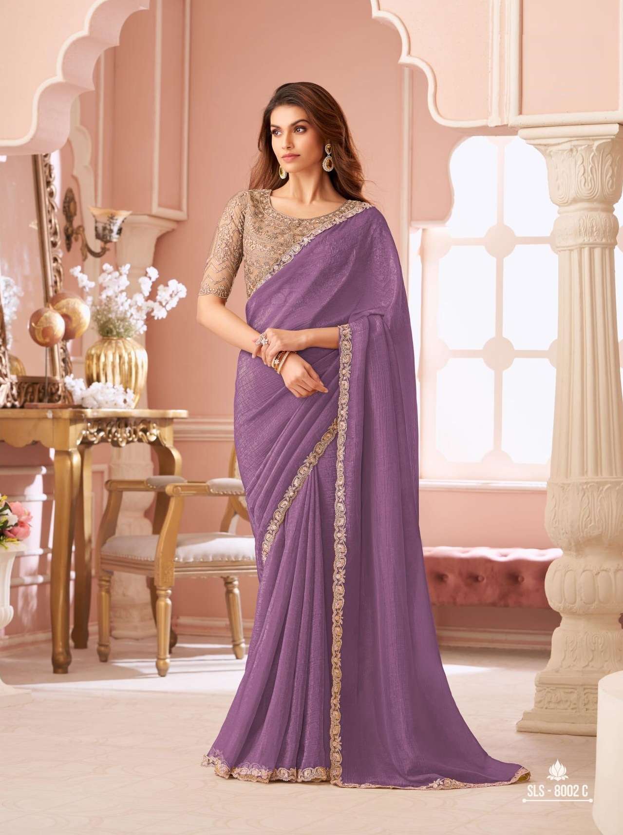 DESIGNER FANCY WEDDING PARTY WEAR INDIAN LAVENDER GEORGETTE SAREE COLLECTION SM TFH 8002 C