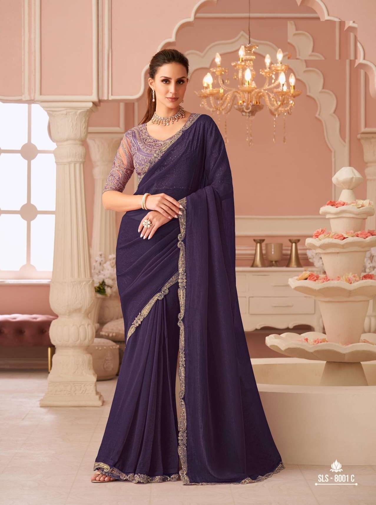 DESIGNER FANCY WEDDING PARTY WEAR INDIAN PURPLE GEORGETTE SAREE COLLECTION SM TFH 8001 C