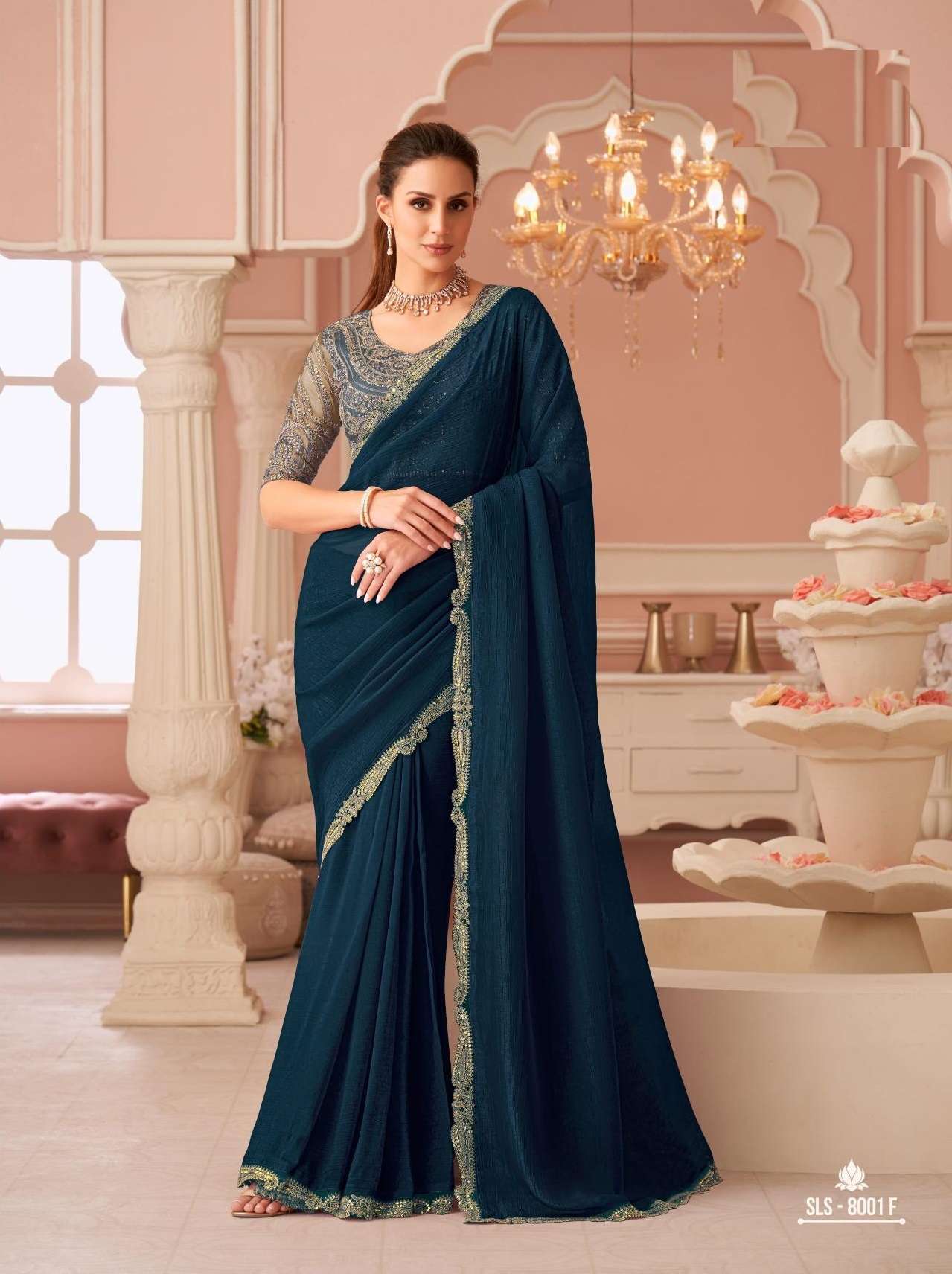 DESIGNER FANCY WEDDING PARTY WEAR INDIAN TEAL BLUE GEORGETTE SAREE COLLECTION SM TFH 8001 F