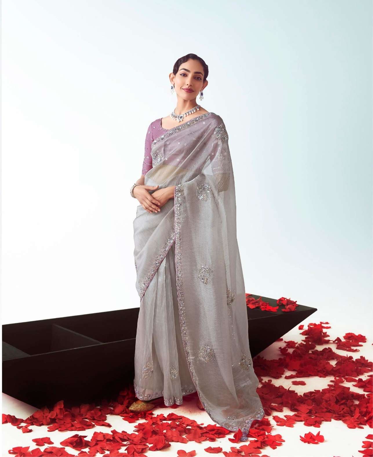 DESIGNER FANCY WEDDING PARTY WEAR INDIAN TISSUE ORGANZA GREY SAREE COLLECTION SM KM KAJAL 5447