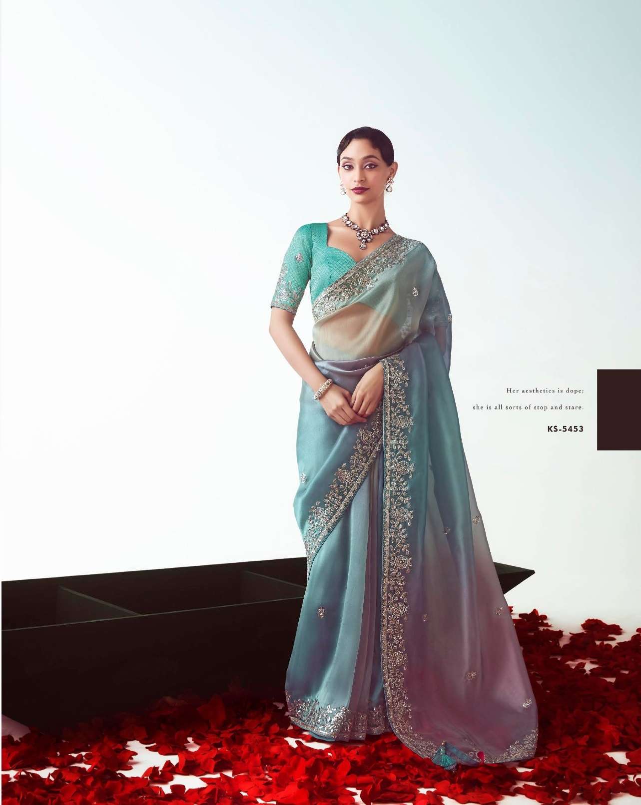 DESIGNER FANCY WEDDING PARTY WEAR INDIAN TISSUE ORGANZA BLUE SAREE COLLECTION SM KM KAJAL 5453