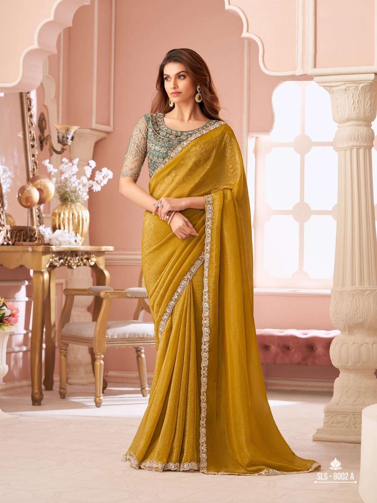 DESIGNER FANCY WEDDING PARTY WEAR INDIAN YELLOW GEORGETTE SAREE COLLECTION SM TFH 8002 A