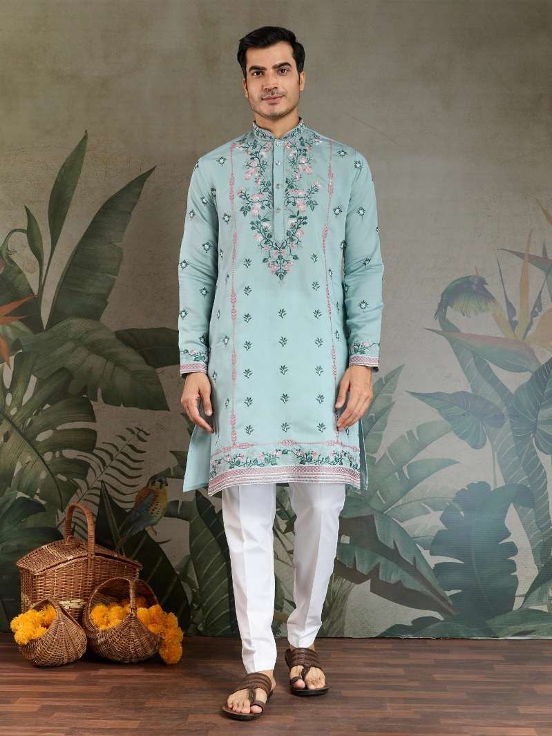 DESIGNER FANCY WEDDING PARTY WEAR READYMADE INDIAN MENS VISCOSE SILK SKY KURTA KF 61351