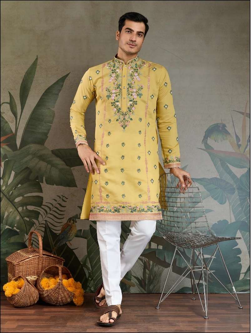DESIGNER FANCY WEDDING PARTY WEAR READYMADE INDIAN MENS VISCOSE SILK YELLOW KURTA KF 61352