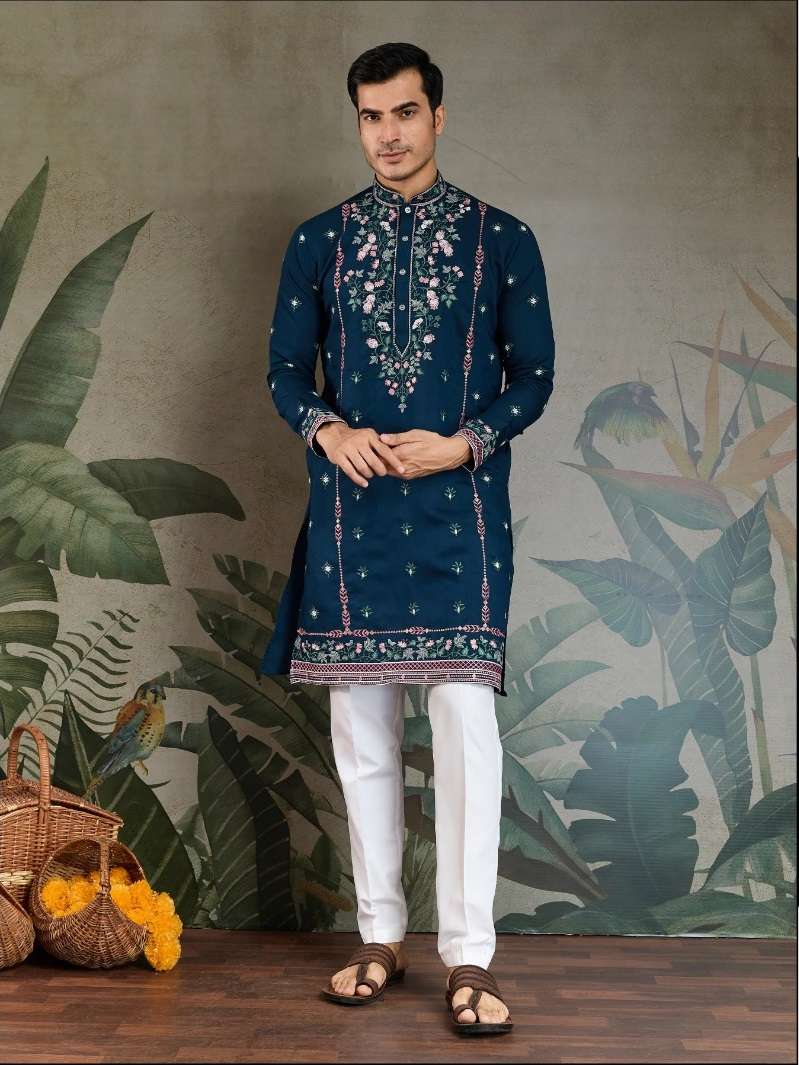 DESIGNER FANCY WEDDING PARTY WEAR READYMADE INDIAN MENS VISCOSE SILK TEAL BLUE KURTA KF 61353