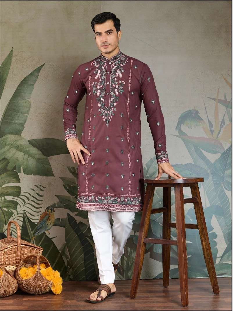DESIGNER FANCY WEDDING PARTY WEAR READYMADE INDIAN MENS VISCOSE SILK BROWN KURTA KF 61354