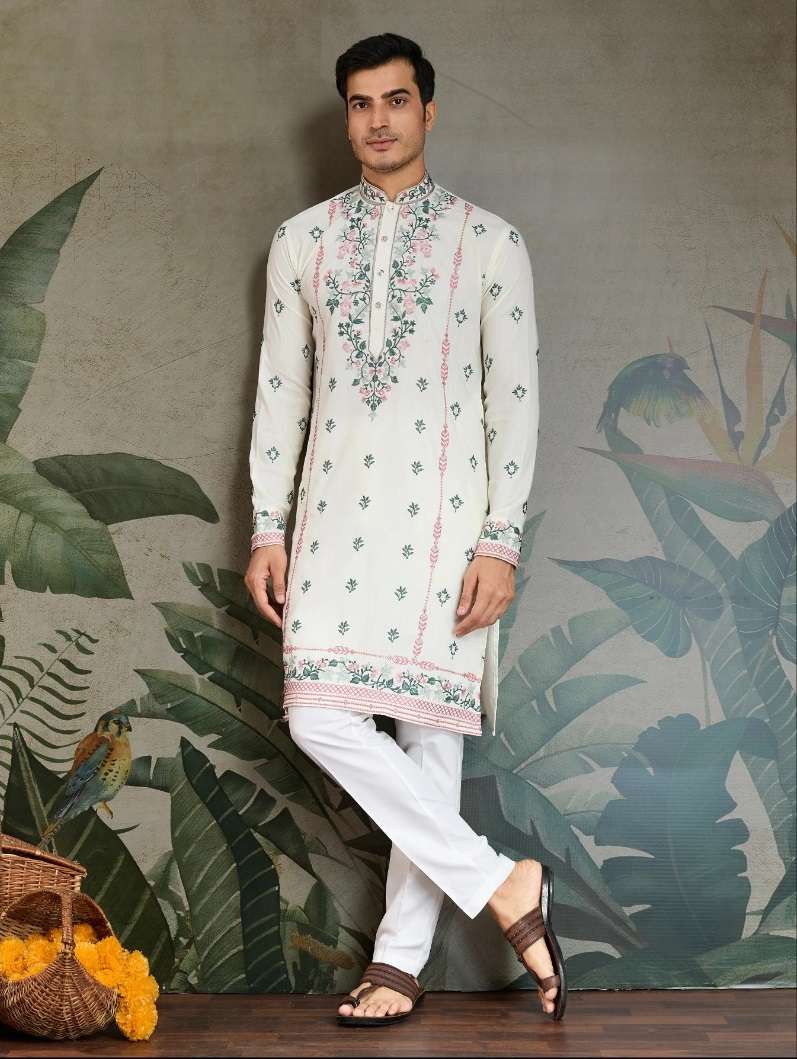 DESIGNER FANCY WEDDING PARTY WEAR READYMADE INDIAN MENS VISCOSE SILK WHITE KURTA KF 61355