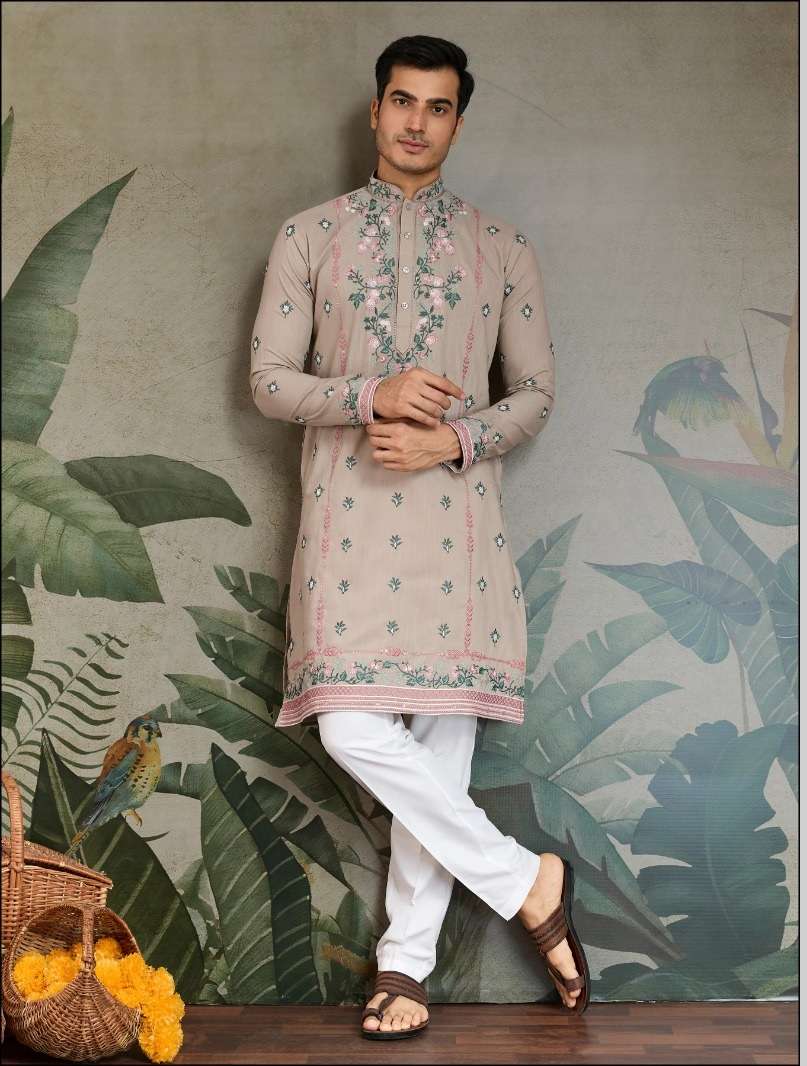 DESIGNER FANCY WEDDING PARTY WEAR READYMADE INDIAN MENS VISCOSE SILK IVORY KURTA KF 61356