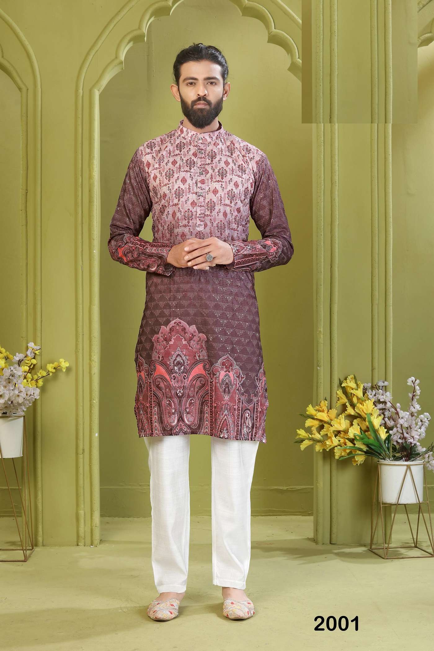 DESIGNER FANCY WEDDING PARTY WEAR READYMADE INDIAN MENS RAYON SILK BROWN KURTA TT 2001