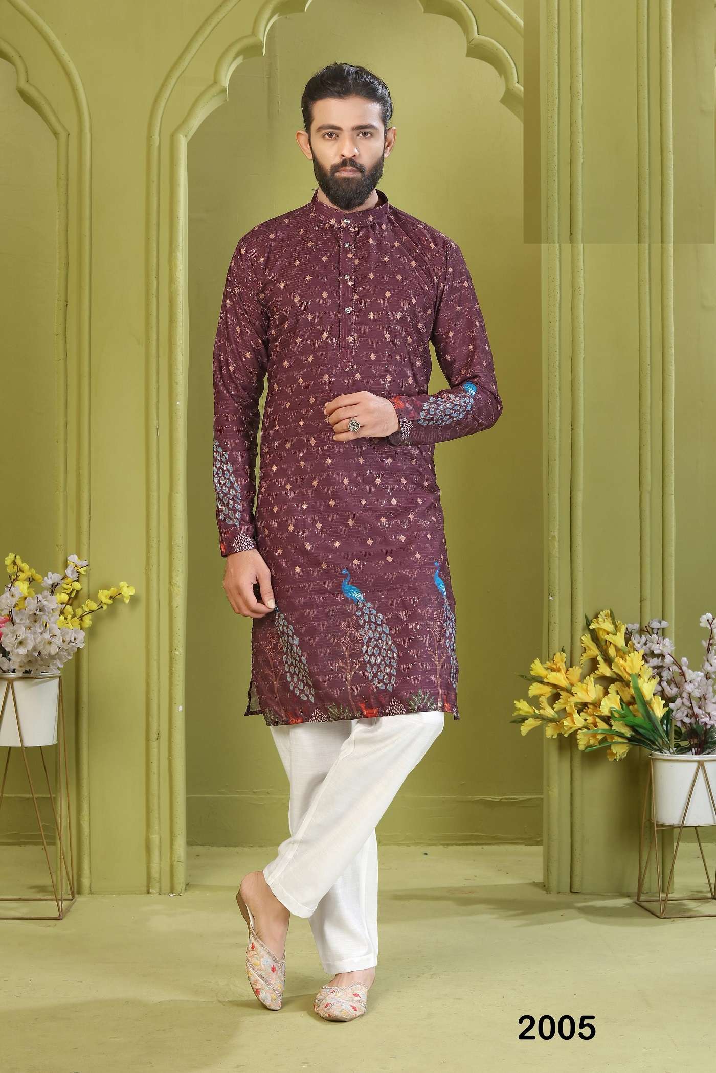 DESIGNER FANCY WEDDING PARTY WEAR READYMADE INDIAN MENS RAYON SILK MAROON KURTA TT 2005