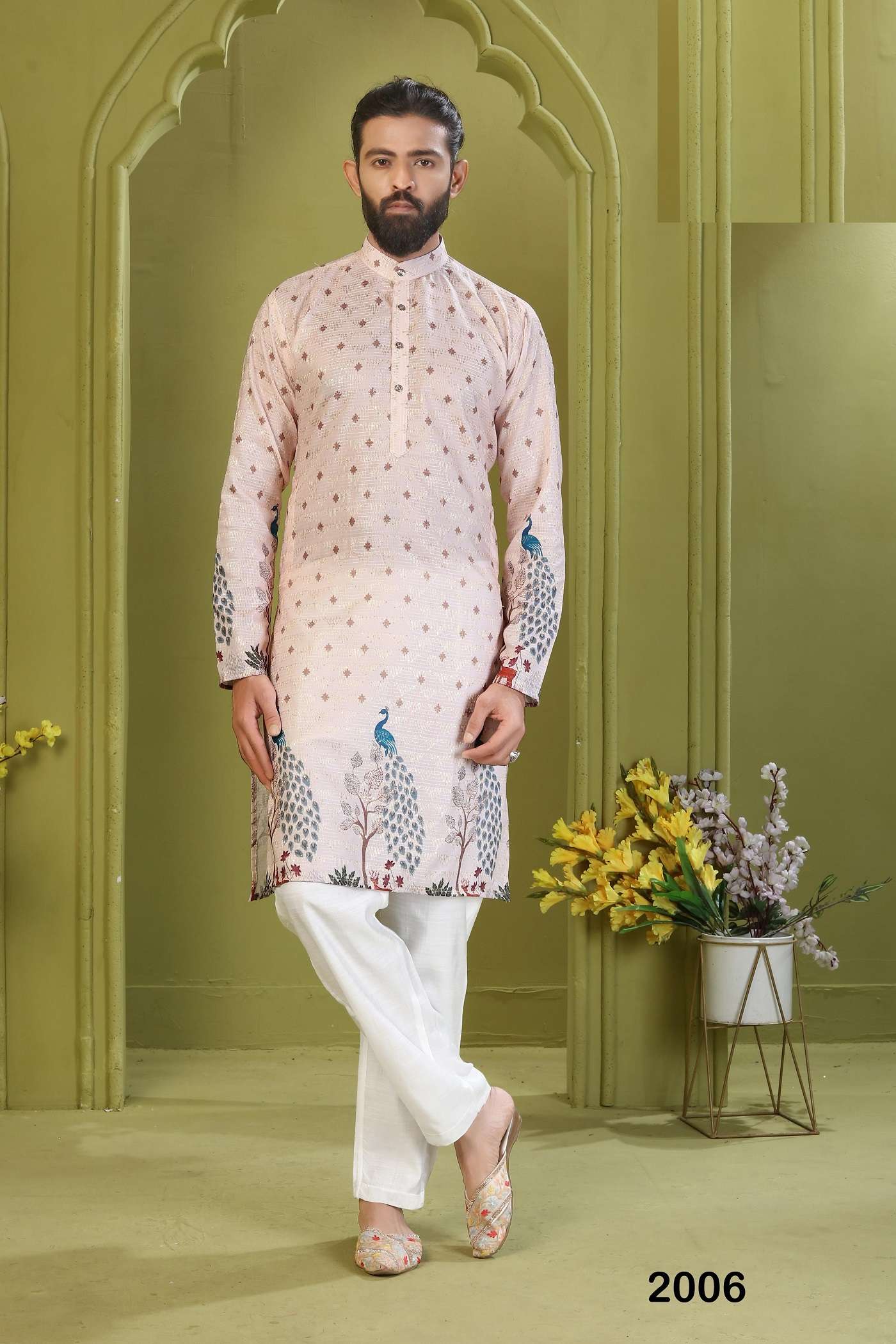 DESIGNER FANCY WEDDING PARTY WEAR READYMADE INDIAN MENS RAYON SILK PEACH KURTA TT 2006
