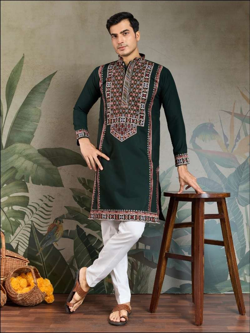 DESIGNER FANCY WEDDING PARTY WEAR READYMADE INDIAN MENS VISCOSE SILK GREEN KURTA KF 61301