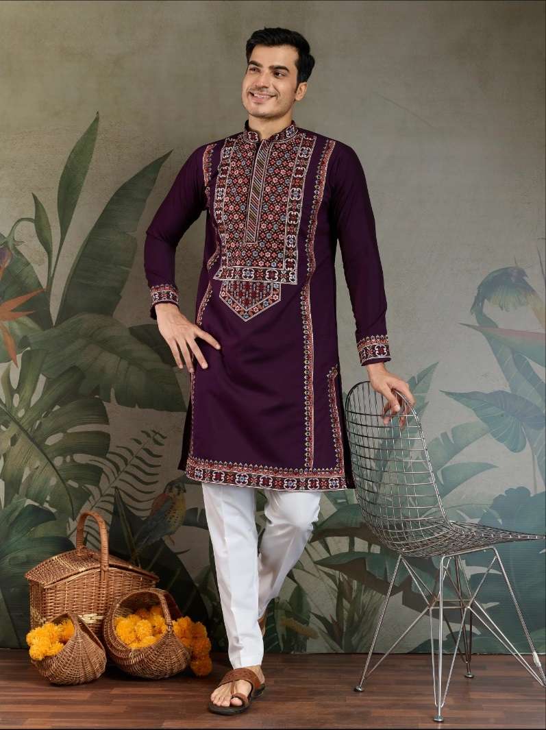 DESIGNER FANCY WEDDING PARTY WEAR READYMADE INDIAN MENS VISCOSE SILK PURPLE KURTA KF 61302