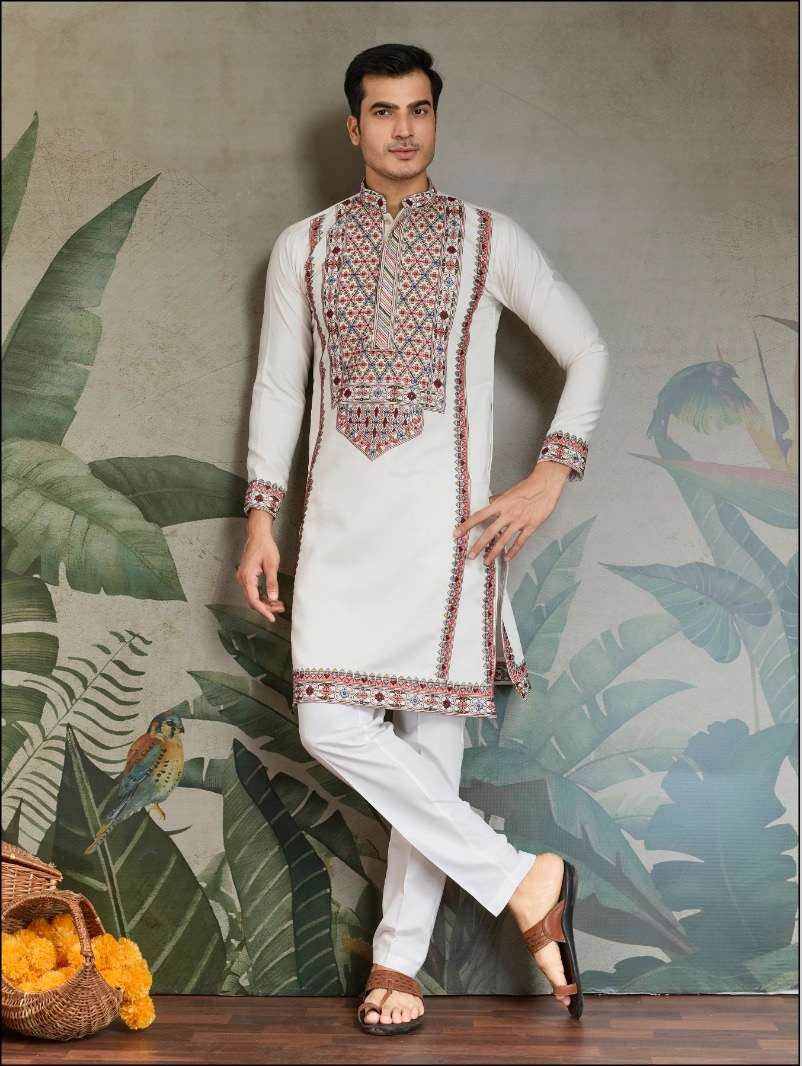 DESIGNER FANCY WEDDING PARTY WEAR READYMADE INDIAN MENS VISCOSE SILK WHITE KURTA KF 61303
