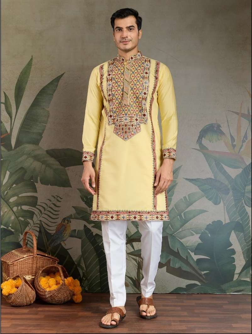 DESIGNER FANCY WEDDING PARTY WEAR READYMADE INDIAN MENS VISCOSE SILK YELLOW KURTA KF 61304