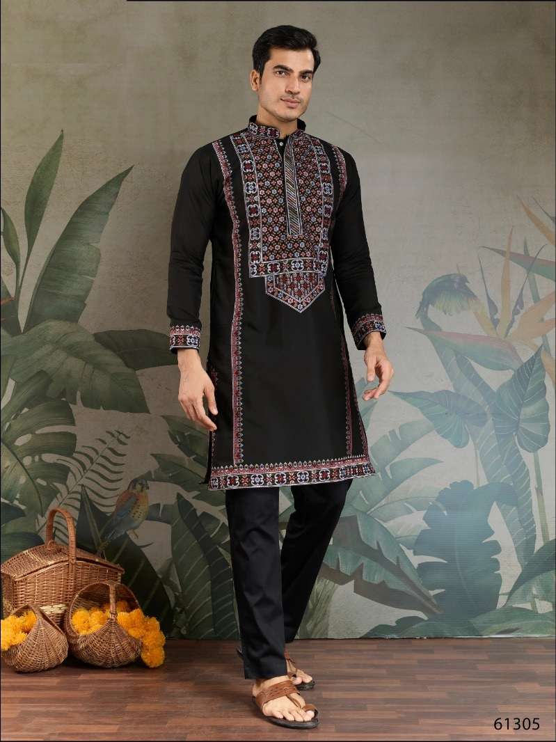 DESIGNER FANCY WEDDING PARTY WEAR READYMADE INDIAN MENS VISCOSE SILK BLACK KURTA KF 61305