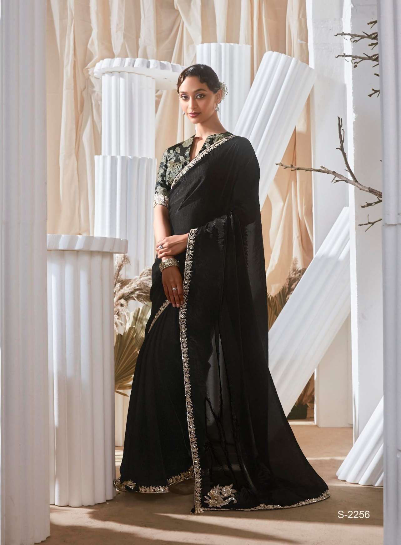 DESIGNER FANCY WEDDING PARTY WEAR TISSUE SILK BLACK SAREE COLLECTION SM KM RANGHAT 2256