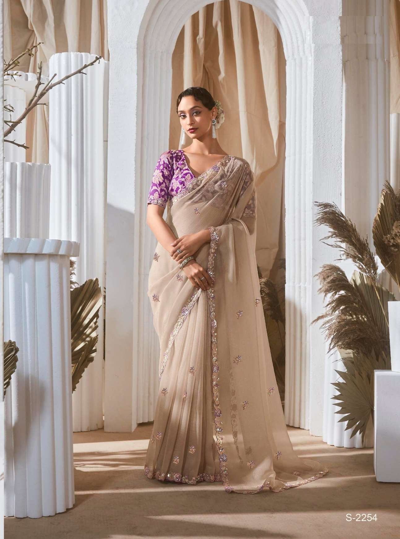 DESIGNER FANCY WEDDING PARTY WEAR TISSUE SILK CHIKU SAREE COLLECTION SM KM RANGHAT 2254