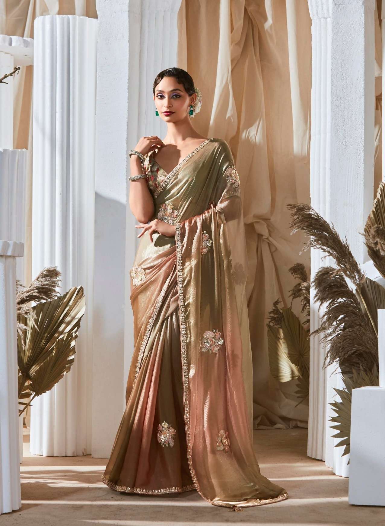 DESIGNER FANCY WEDDING PARTY WEAR TISSUE SILK CHIKU SAREE COLLECTION SM KM RANGHAT 2258