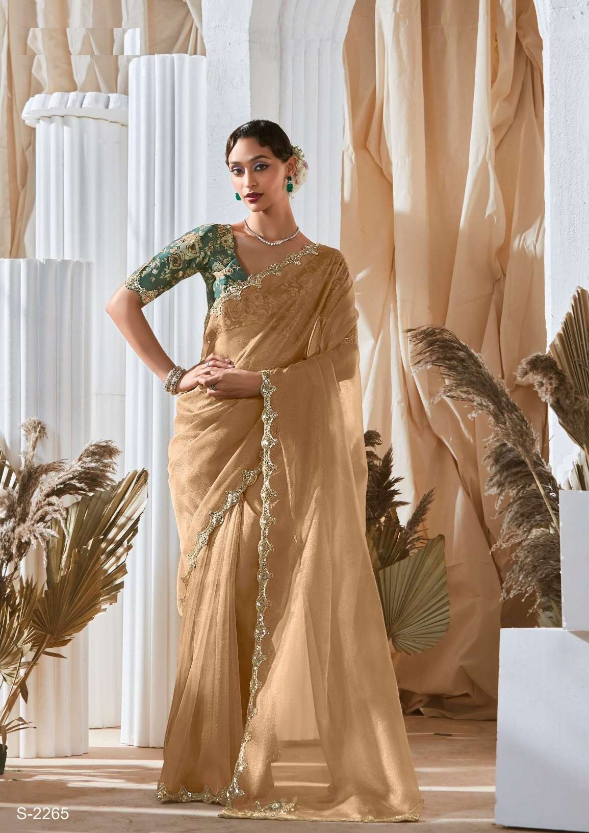 DESIGNER FANCY WEDDING PARTY WEAR TISSUE SILK CHIKU SAREE COLLECTION SM KM RANGHAT 2265