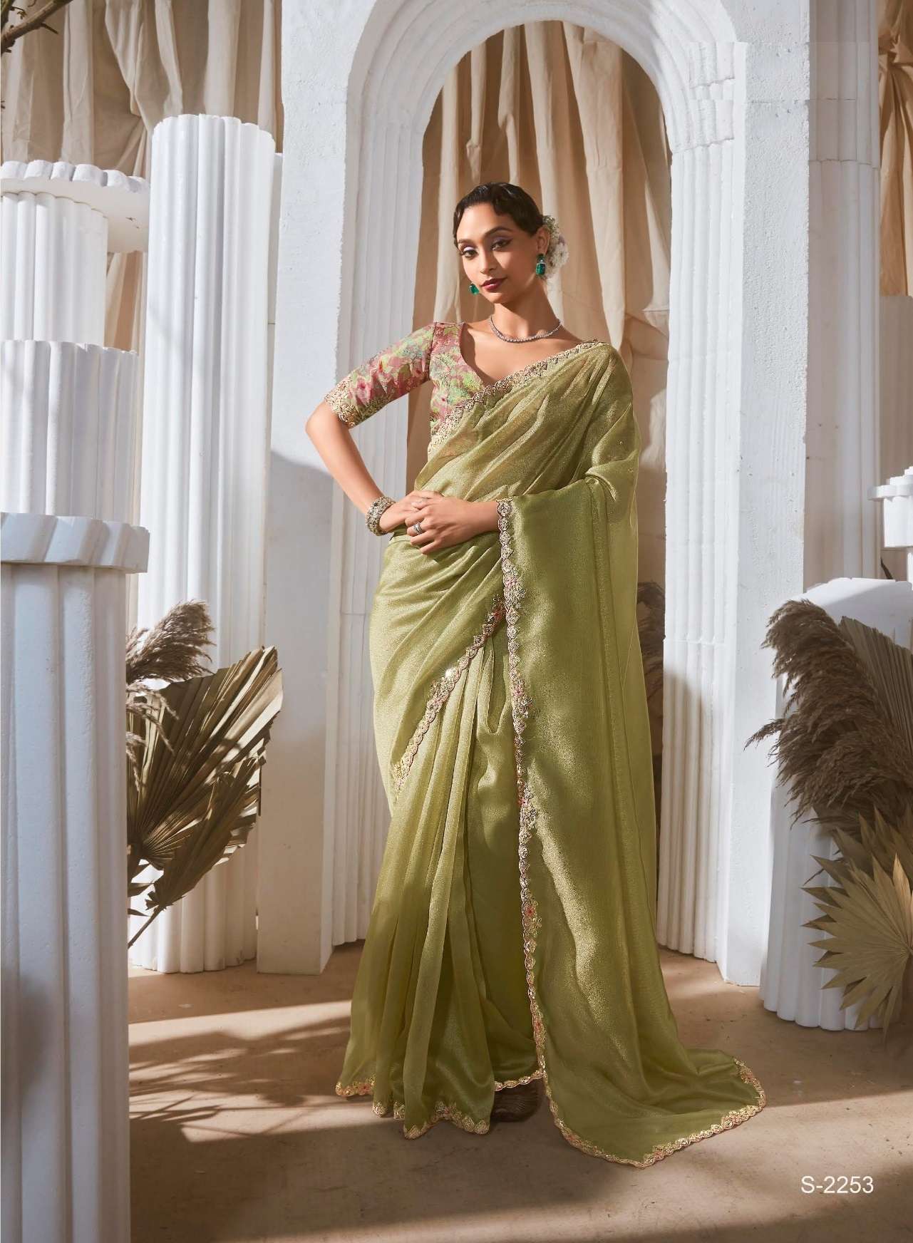 DESIGNER FANCY WEDDING PARTY WEAR TISSUE SILK GREEN SAREE COLLECTION SM KM RANGHAT 2253