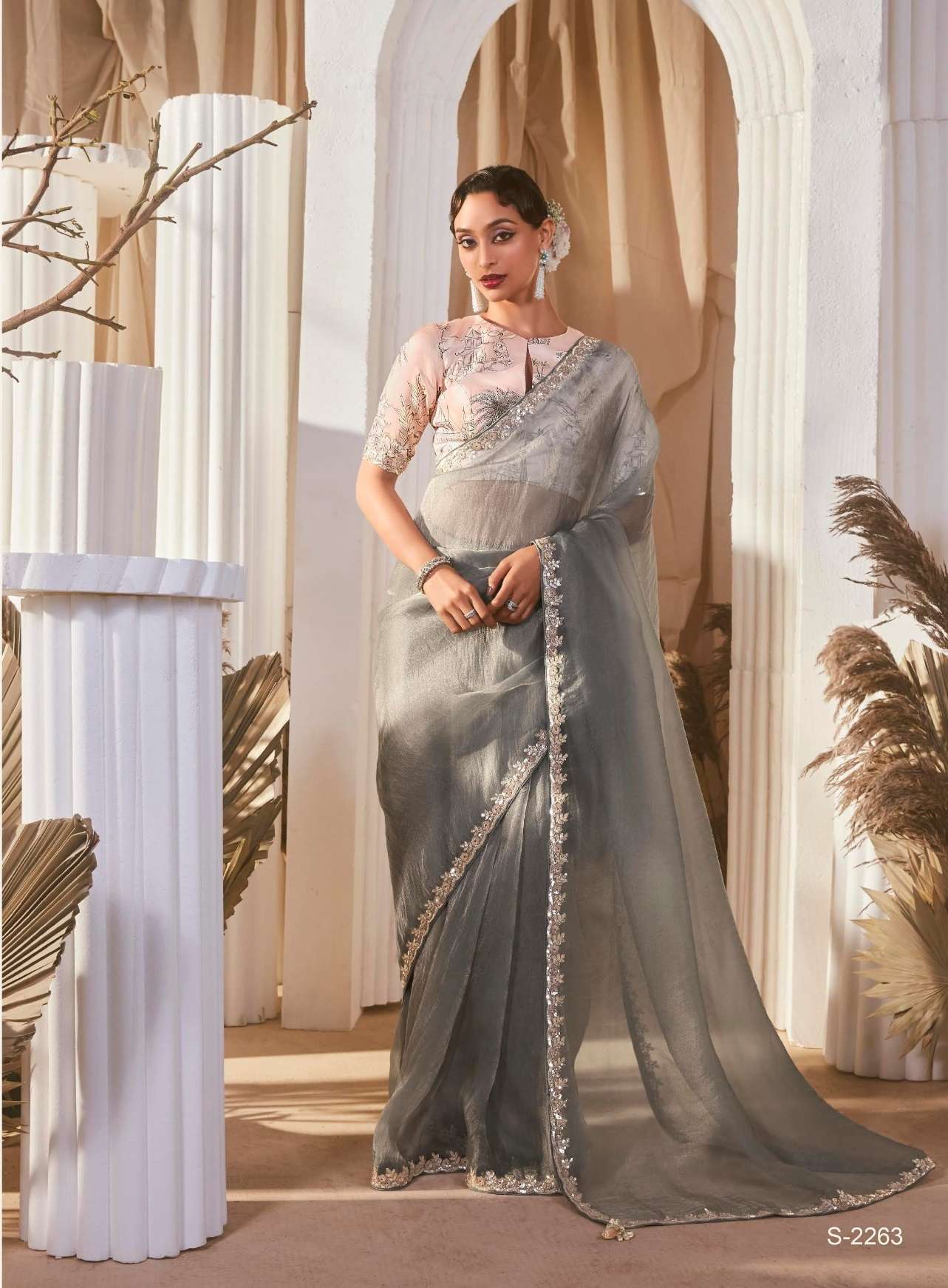 DESIGNER FANCY WEDDING PARTY WEAR TISSUE SILK GREY SAREE COLLECTION SM KM RANGHAT 2263
