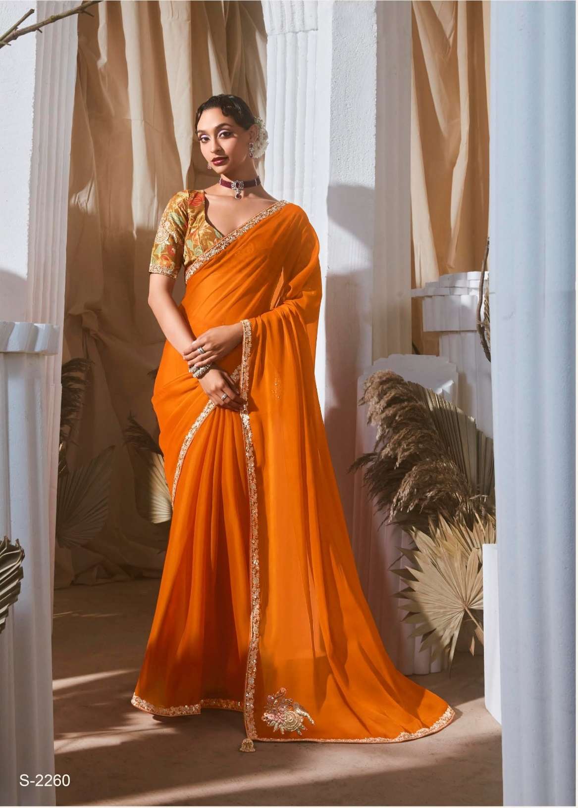 DESIGNER FANCY WEDDING PARTY WEAR TISSUE SILK ORANGE SAREE COLLECTION SM KM RANGHAT 2260