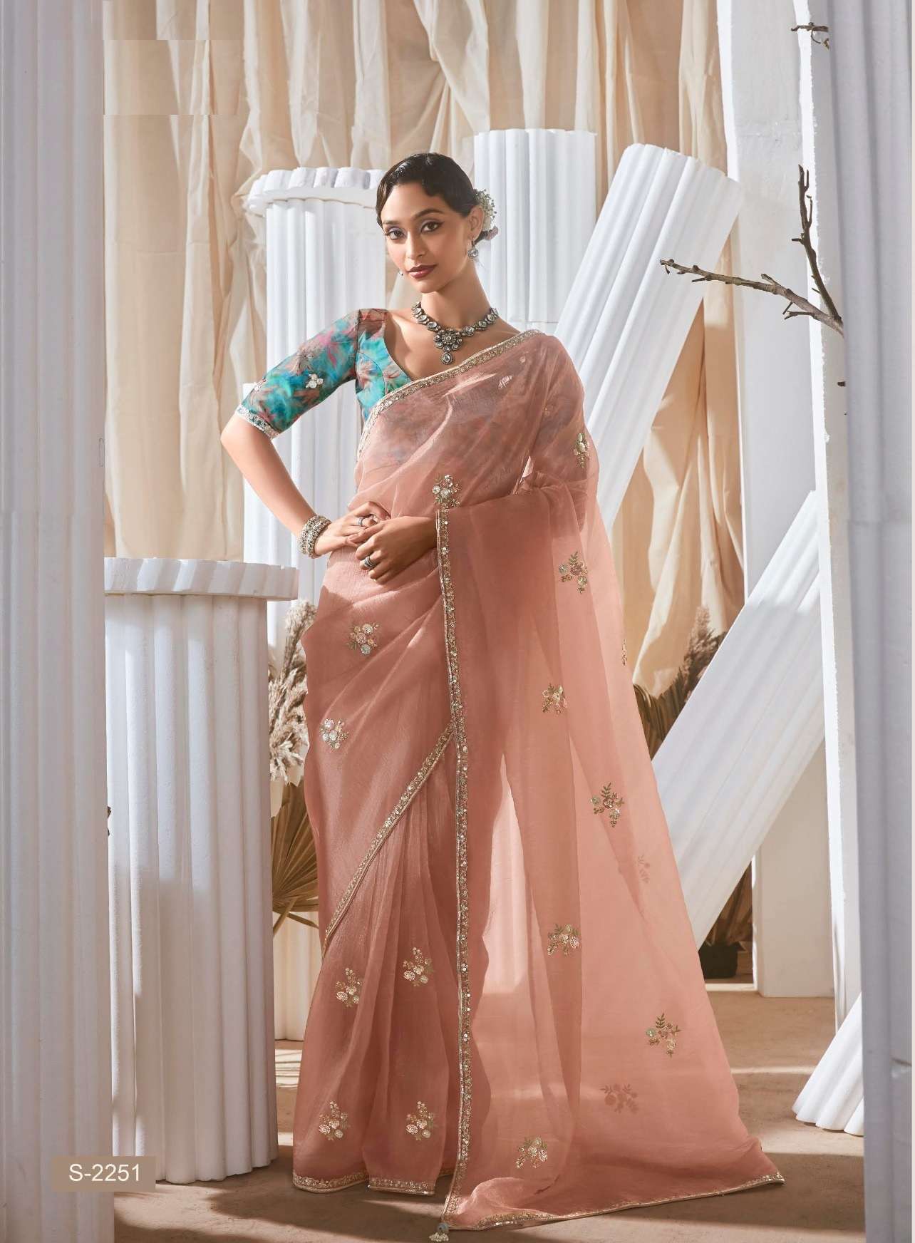 DESIGNER FANCY WEDDING PARTY WEAR TISSUE SILK PEACH SAREE COLLECTION SM KM RANGHAT 2251