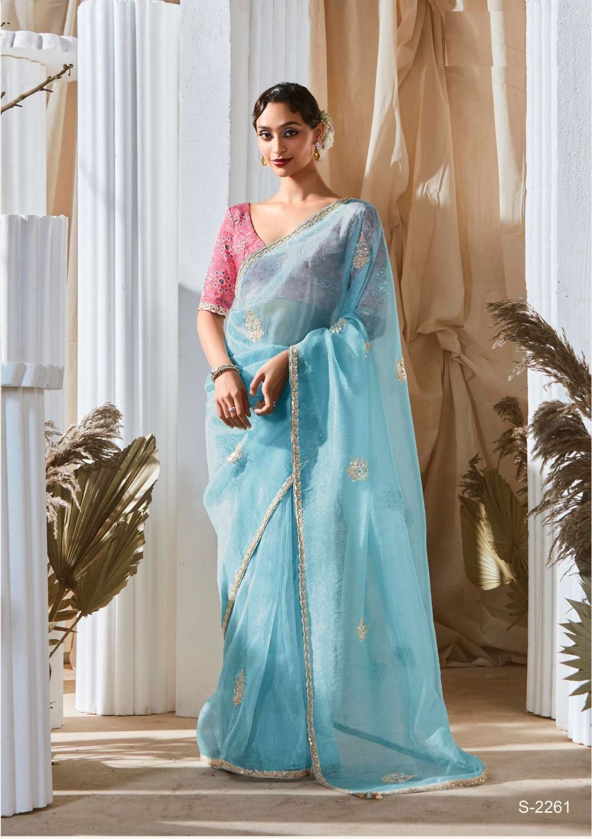 DESIGNER FANCY WEDDING PARTY WEAR TISSUE SILK SKY BLUE SAREE COLLECTION SM KM RANGHAT 2261