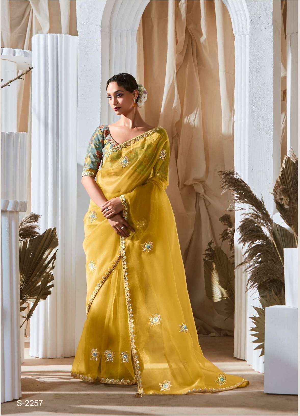 DESIGNER FANCY WEDDING PARTY WEAR TISSUE SILK YELLOW SAREE COLLECTION SM KM RANGHAT 2257