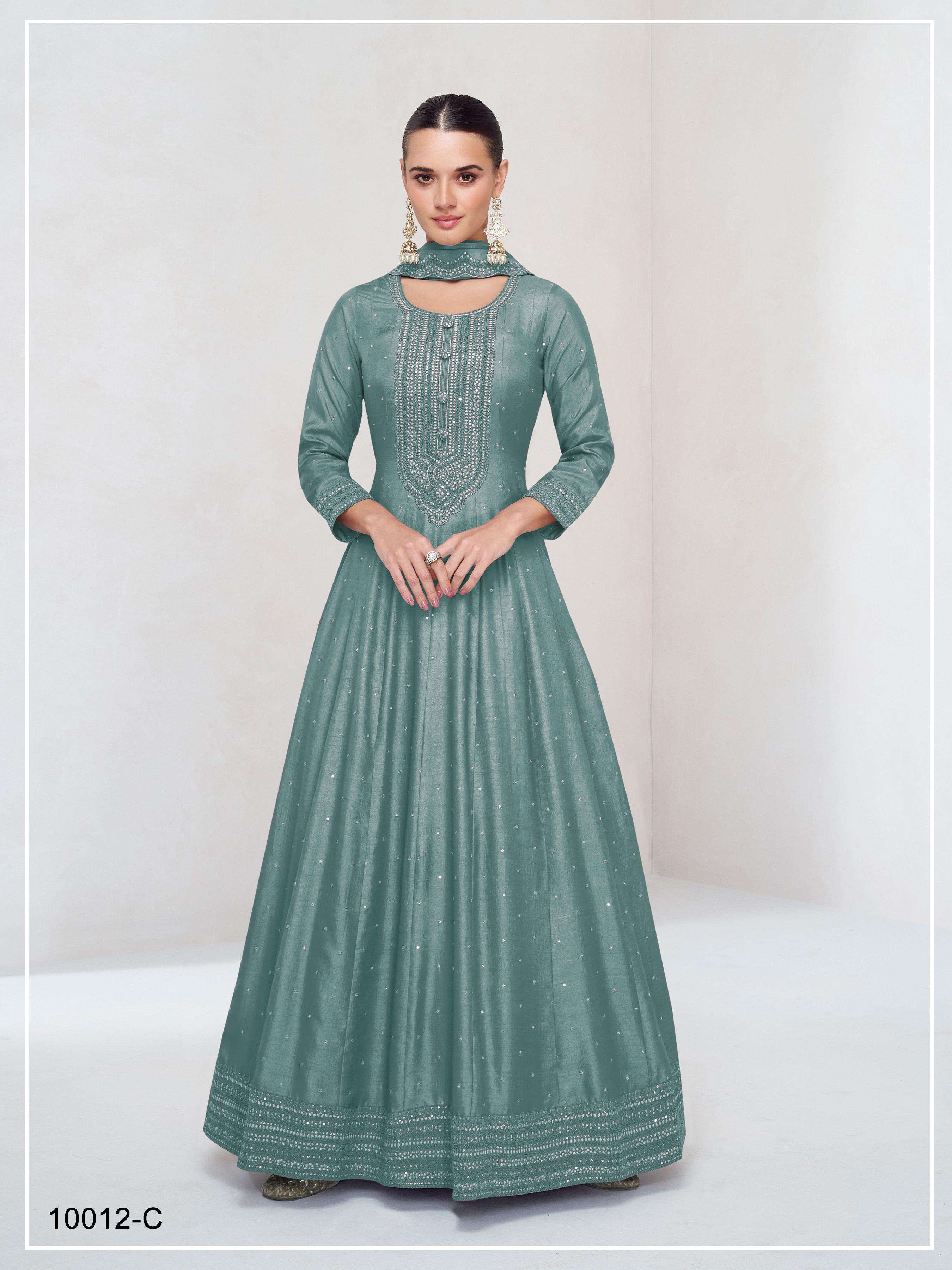 DESIGNER FANCY WEDDING PARTY WEAR VISCOSE SILK AQUA BLUE READYMADE ANARKALI GOWN SALWAR SUIT JG 10012 C