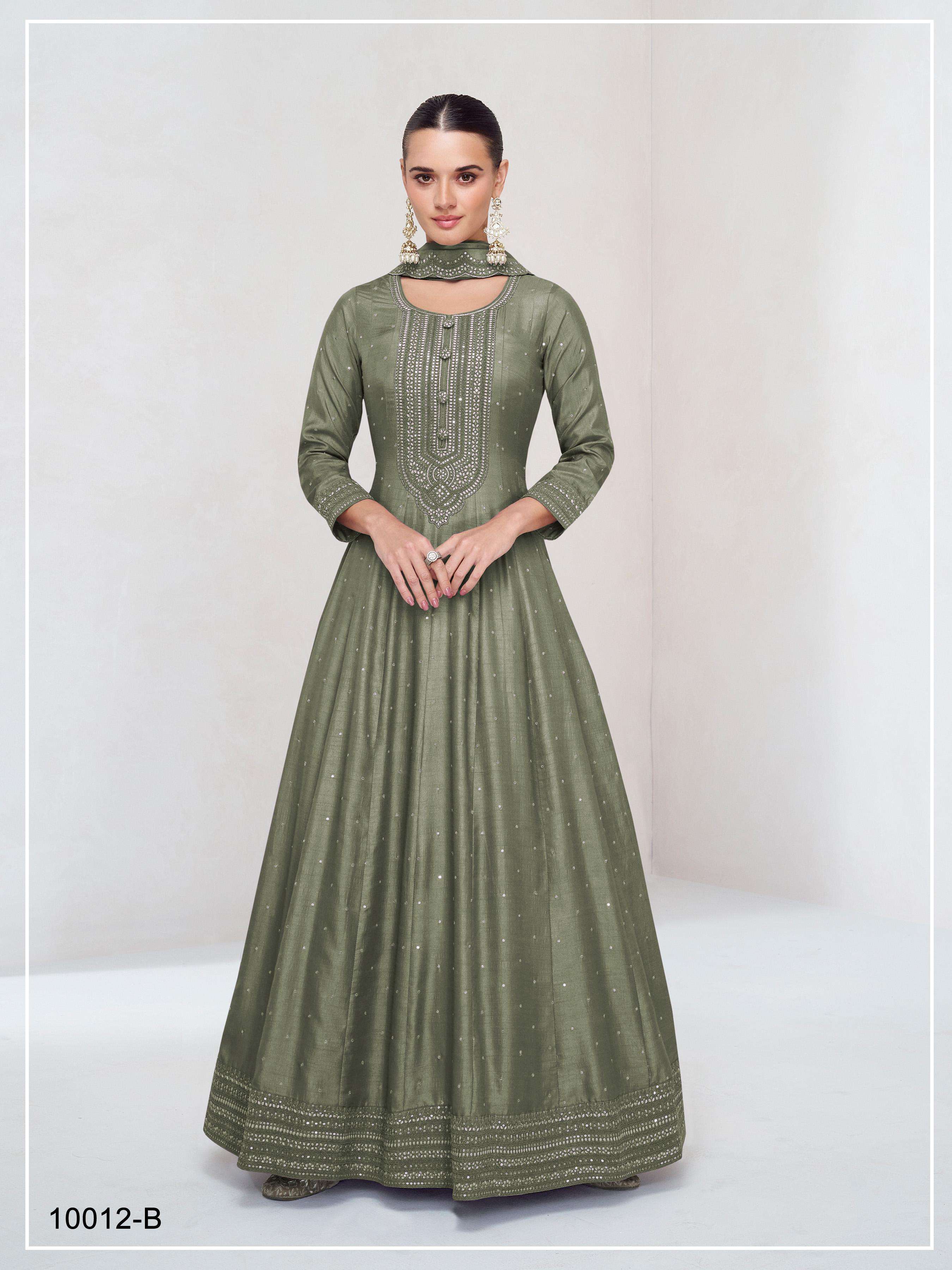 DESIGNER FANCY WEDDING PARTY WEAR VISCOSE SILK GREEN READYMADE ANARKALI GOWN SALWAR SUIT JG 10012 B