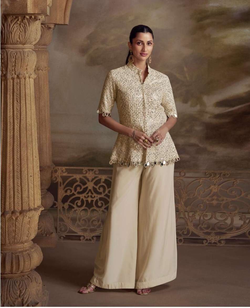 DESIGNER FANCY WHITE GEORGETTE TOP PLAZZO SHARARA SALWAR SUIT COLLECTION SY ZEENAT 5821