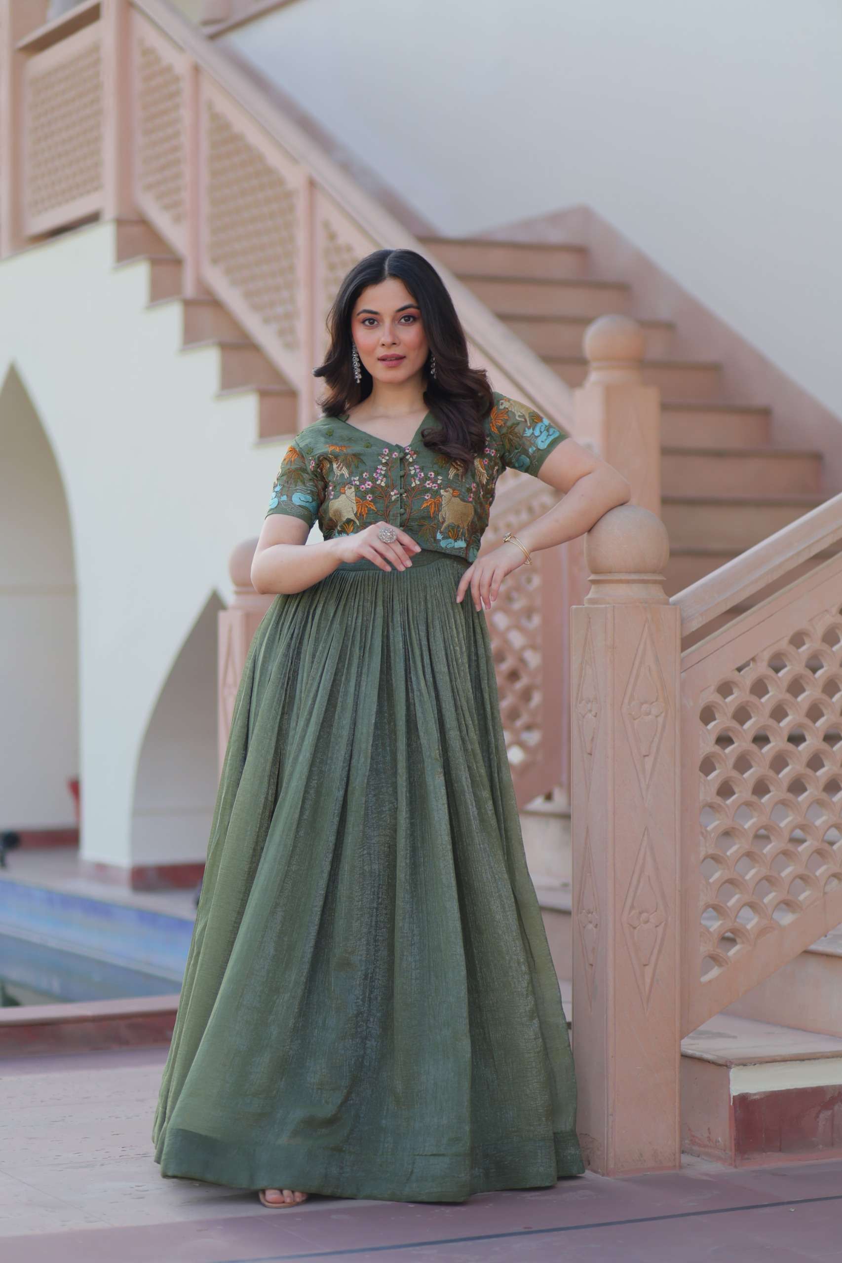 DESIGNER GREEN CROP TOP SKIRT SALWAR SUIT FOR NAVRATRI AND PARTY WEAR KU 1170 B