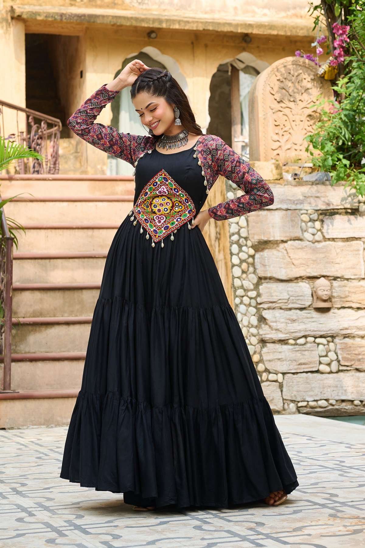 DESIGNER NAVRATRI WEAR BLACK ANARKALI GOWN KURTI IN RAYON COTTON LW 9256 B
