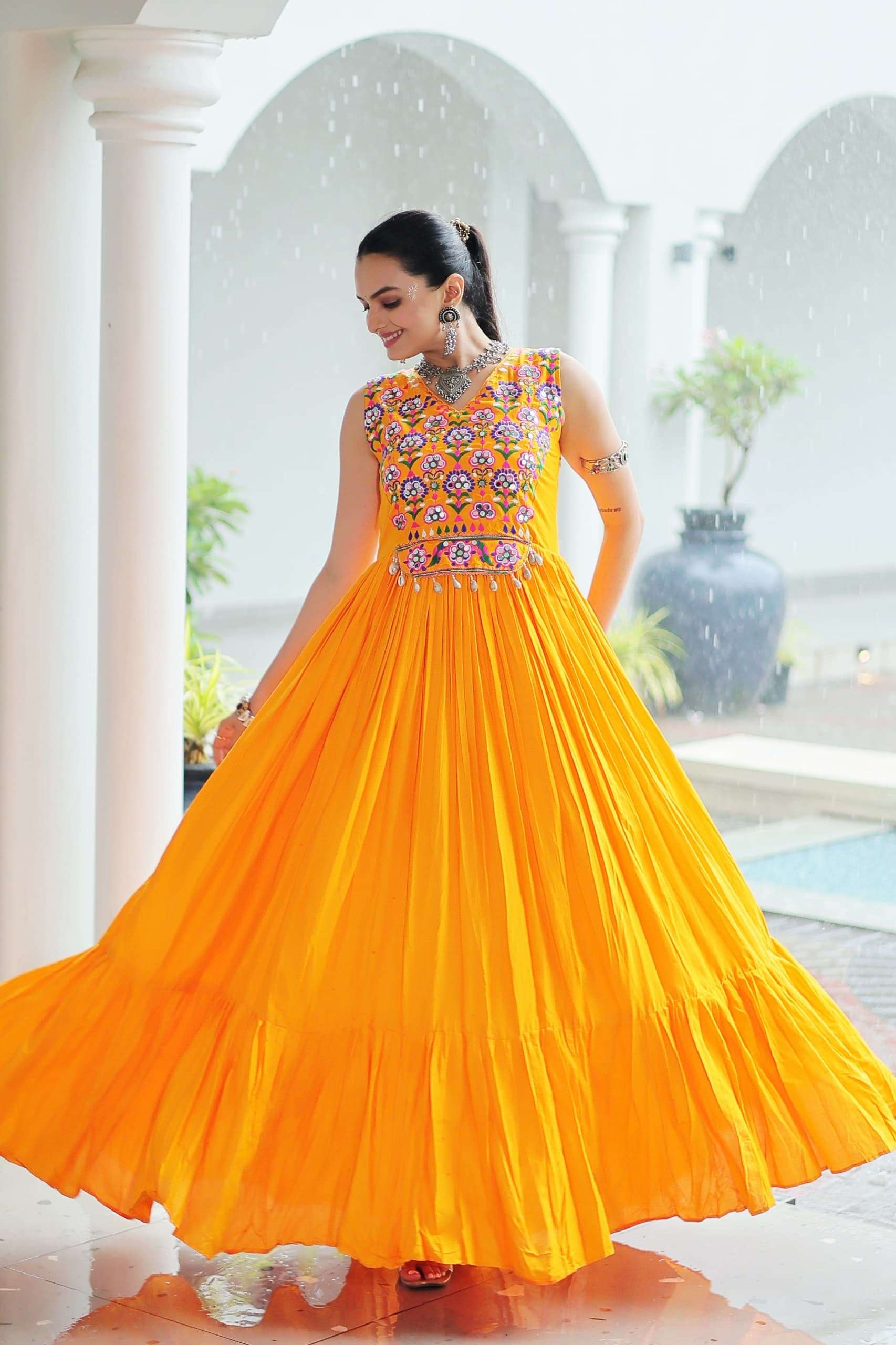 DESIGNER NAVRATRI WEAR LONG YELLOW ANARKALI GOWN KURTI IN RAYON COTTON LW 9258 A