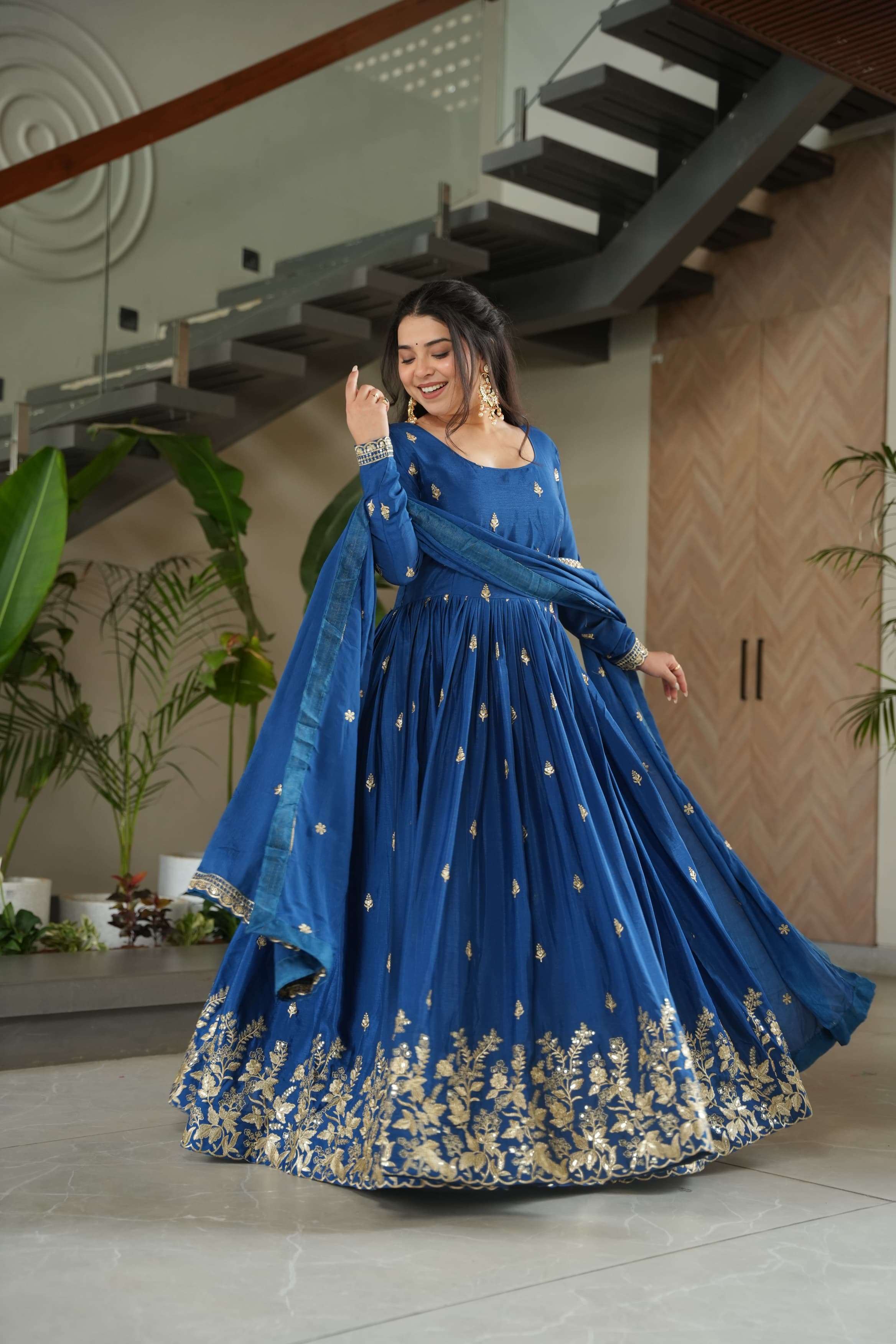 DESIGNER PARTY WEAR CHINON BLUE ANARKALI GOWN SALWAR SUIT LONG GOWN KU 1166 B